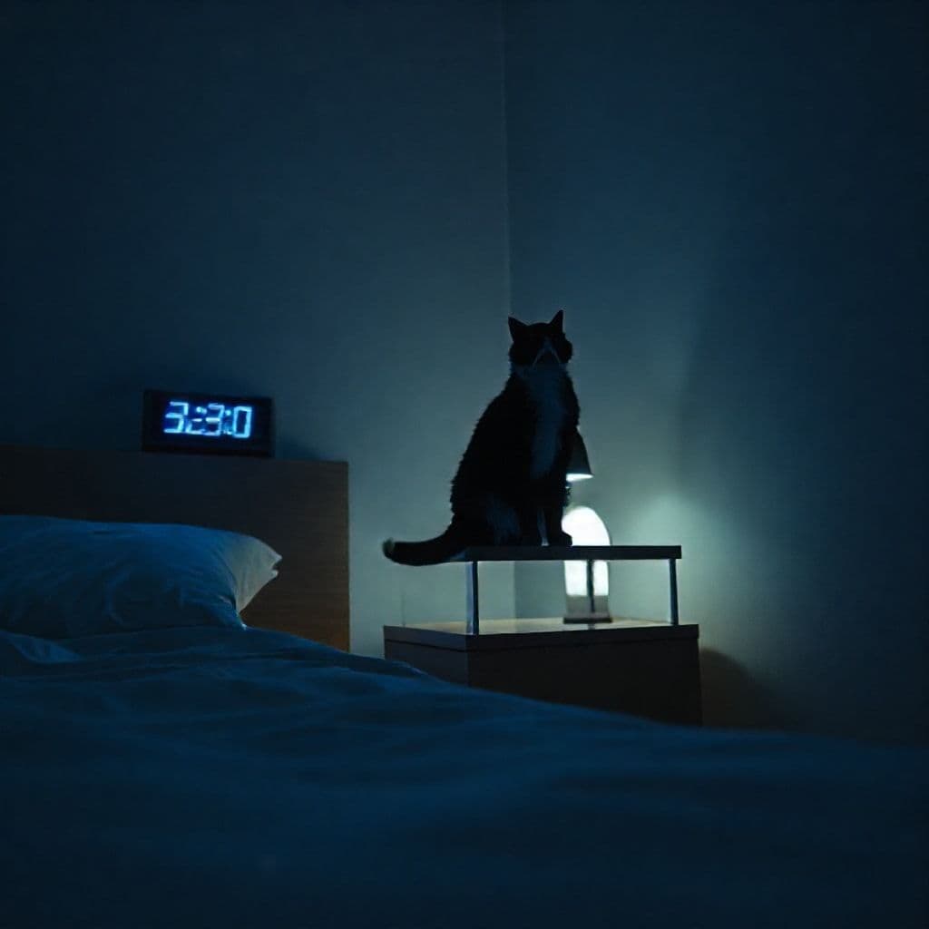 Dueño ignorando a un gato que maúlla insistentemente junto a la cama de noche