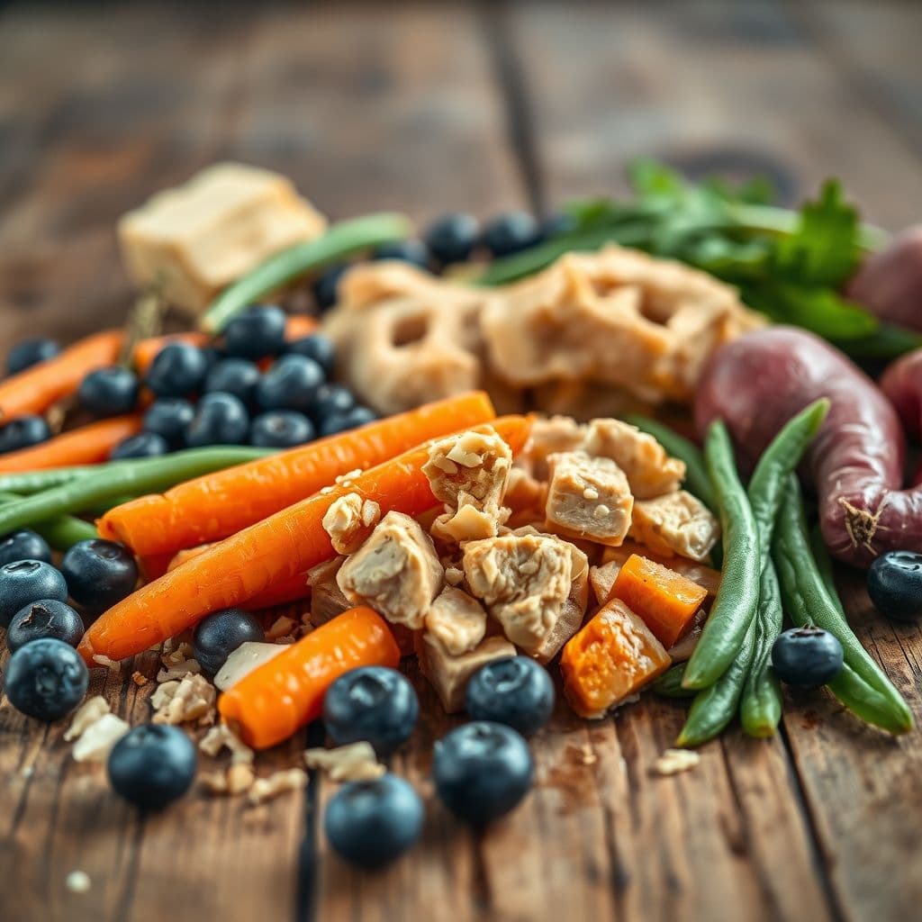 Variedad de alimentos saludables para perros en una mesa