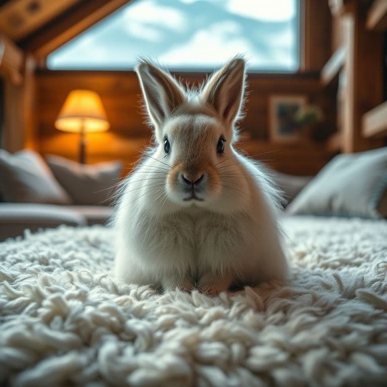 Conejo acicalándose naturalmente en una superficie suave.