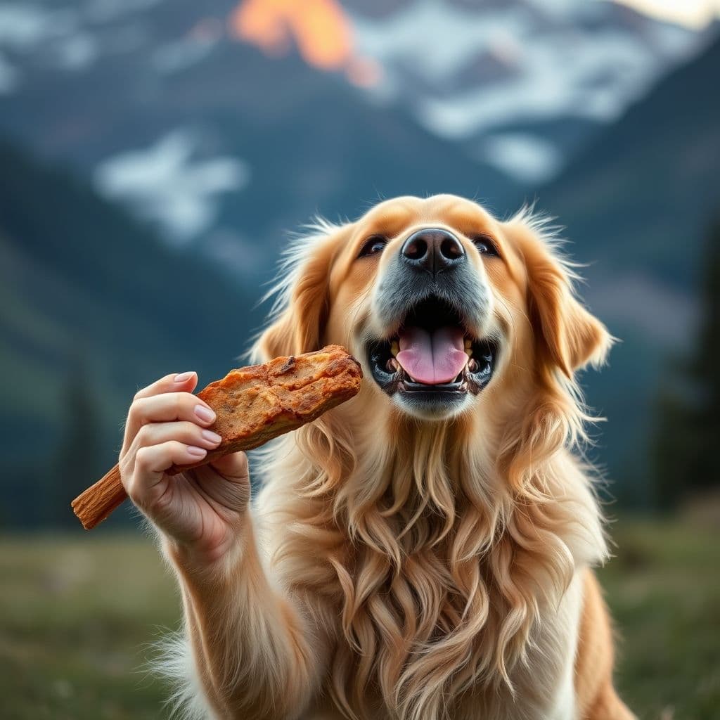 Perro masticando tráquea de vacuno bajo supervisión