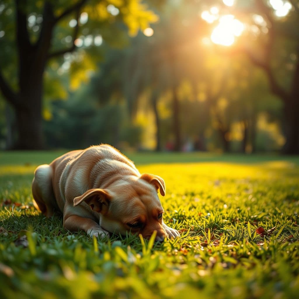Perro olfateando tranquilamente durante un paseo con correa larga
