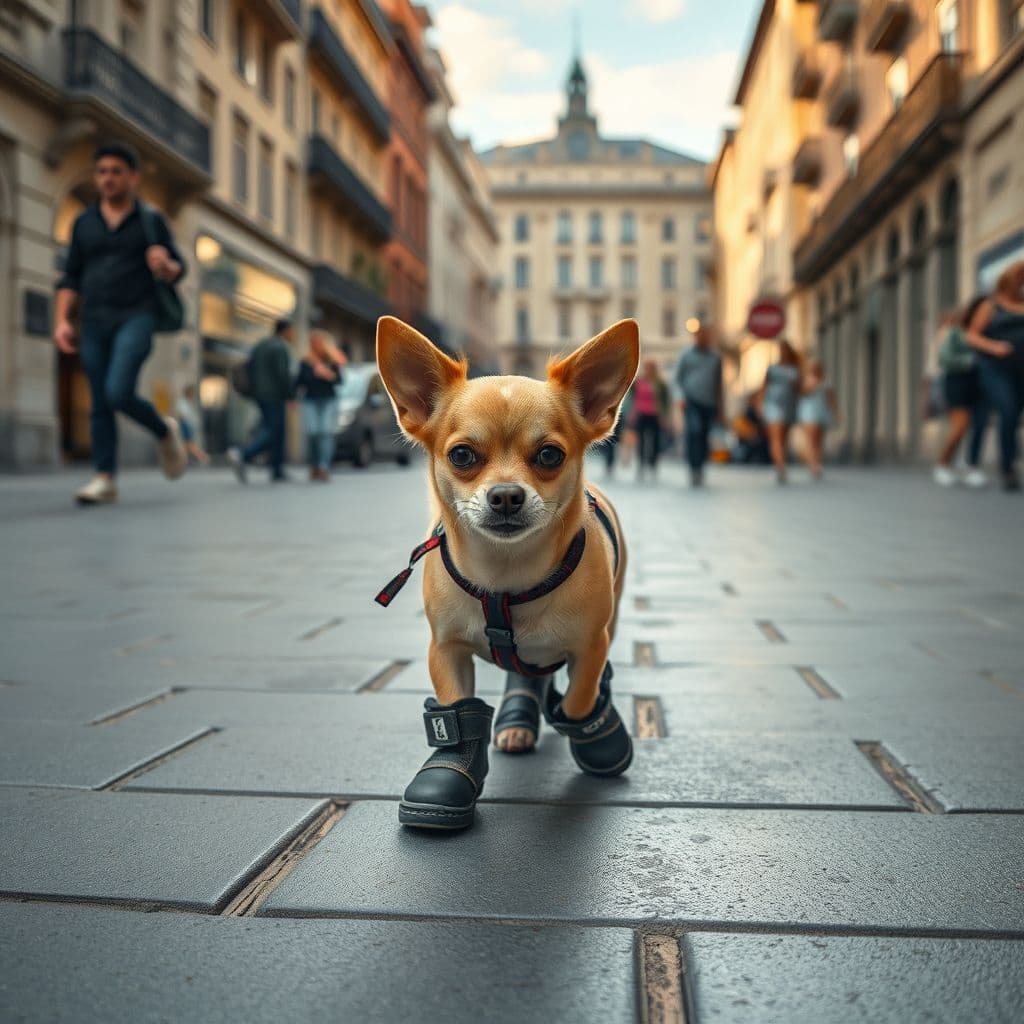 Perro usando botines protectores para caminar sobre asfalto caliente