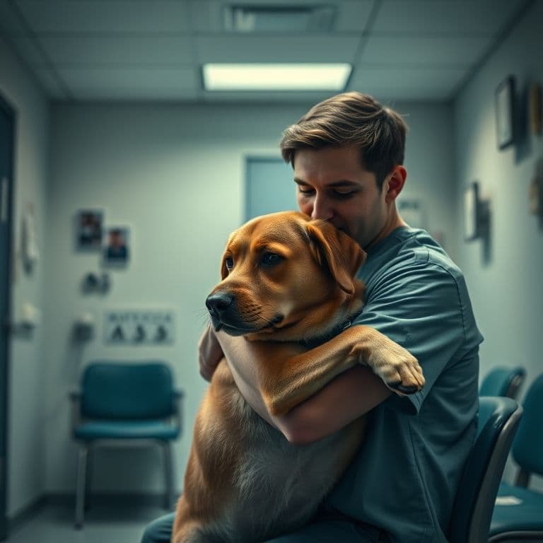 Dueño preocupado abrazando a su perro en una clínica veterinaria