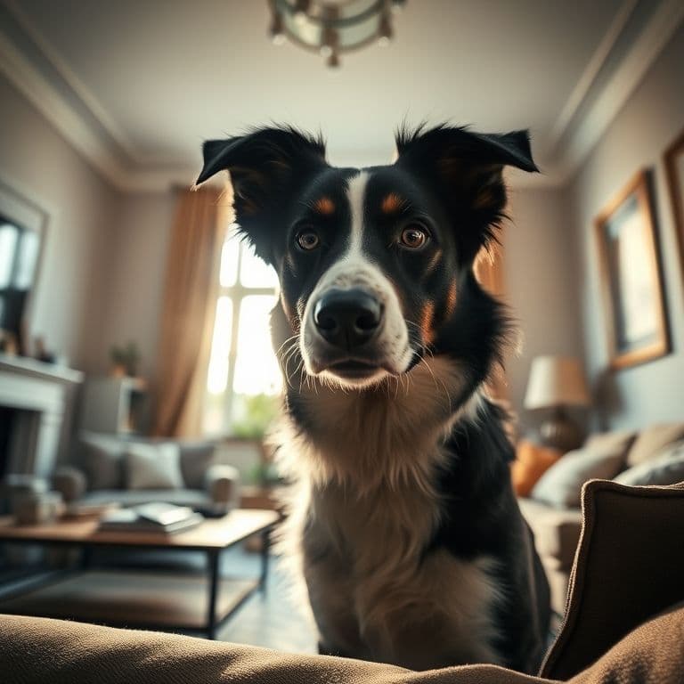 Perro mezcla de border collie y pastor alemán olfateando con intensidad detrás de un cojín en busca de un premio escondido