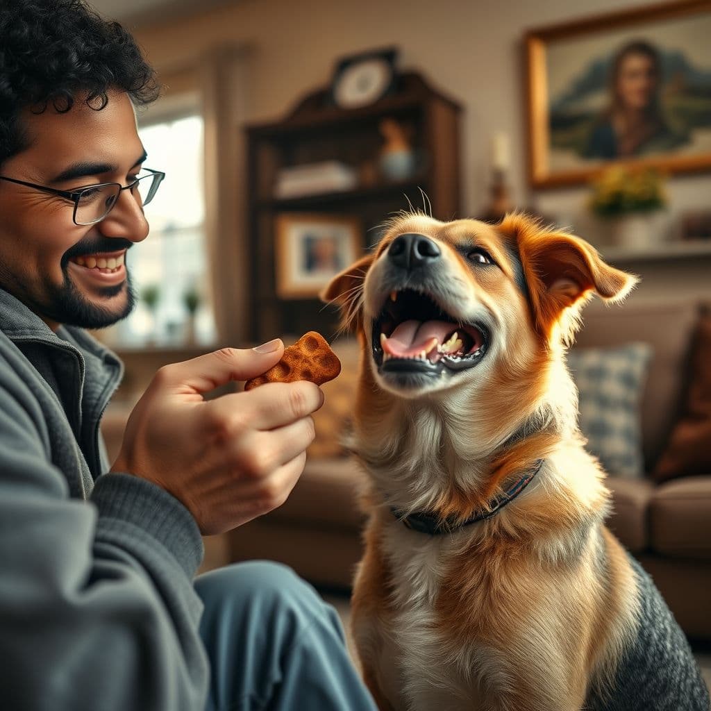 Dueño recompensando a su perro con comida después de venir al llamado.