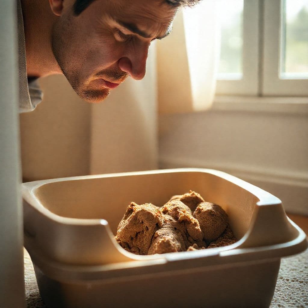 Dueño observando las heces de su gato en arenero limpio