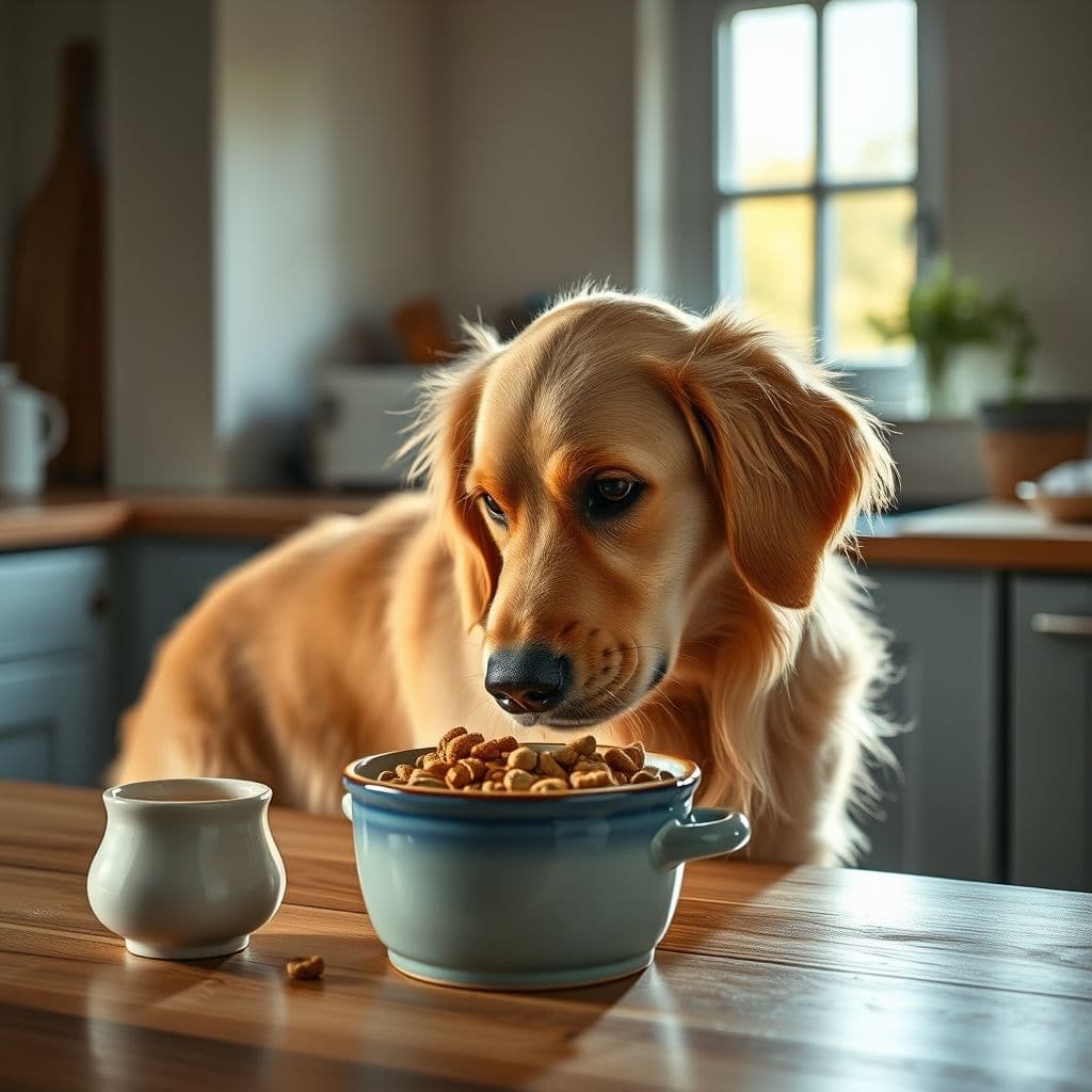 Cachorro dorado comiendo alimento suave y natural en un plato pequeño