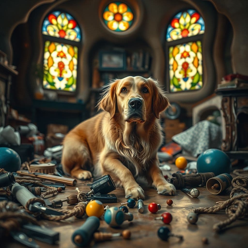 Perro con expresión preocupada junto a objetos peligrosos que podría ingerir