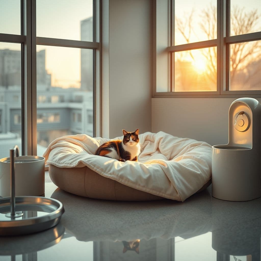 Gata descansando en área de recuperación postquirúrgica