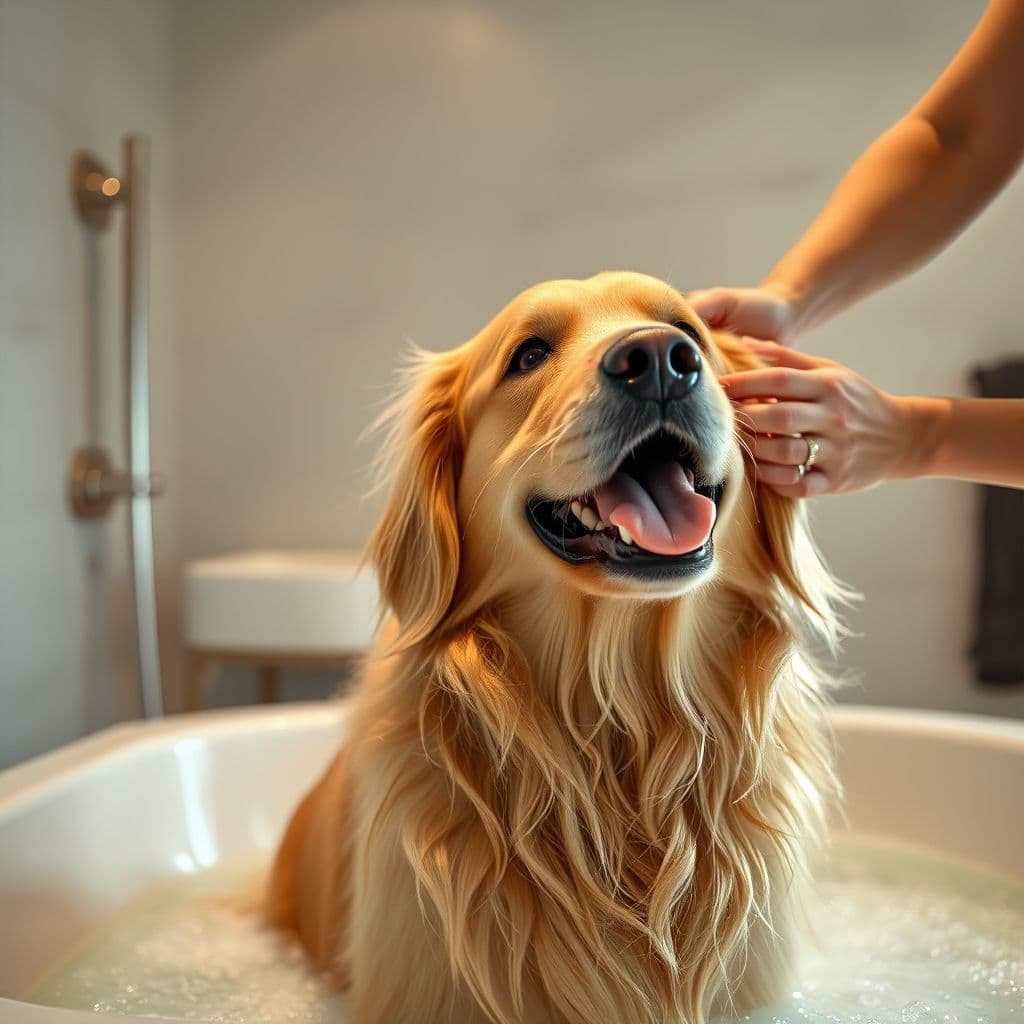 Perro feliz siendo bañado con productos naturales en un spa canino moderno