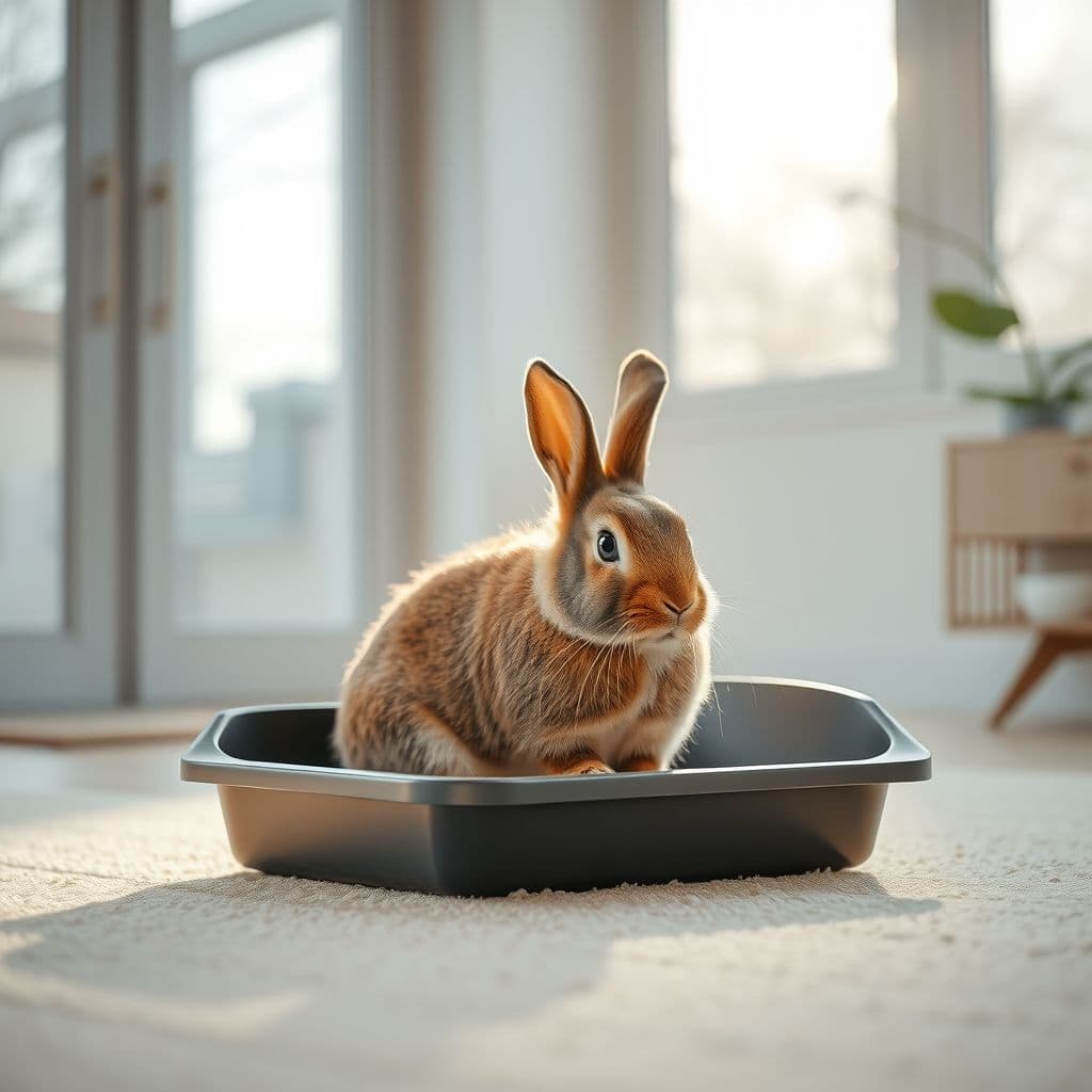 Conejo usando correctamente un arenero diseñado para mascotas