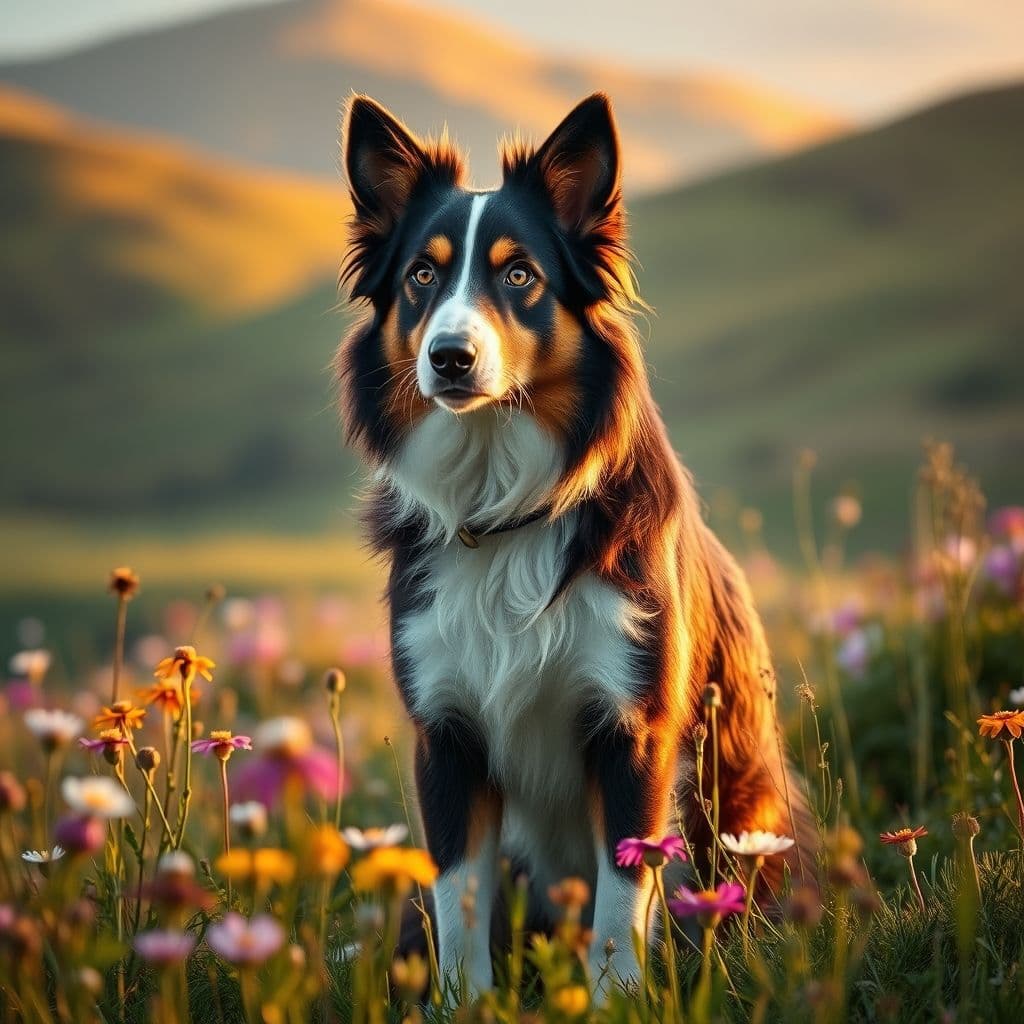 Border Collie hembra en campo abierto durante el celo con expresión alerta