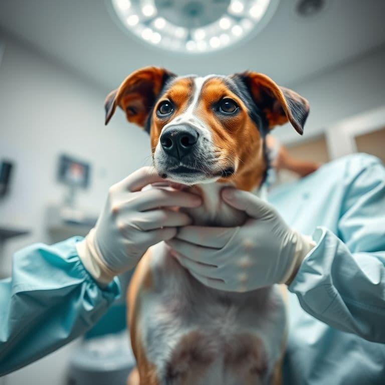 Veterinario examinando la piel de un perro con caspa en una clínica
