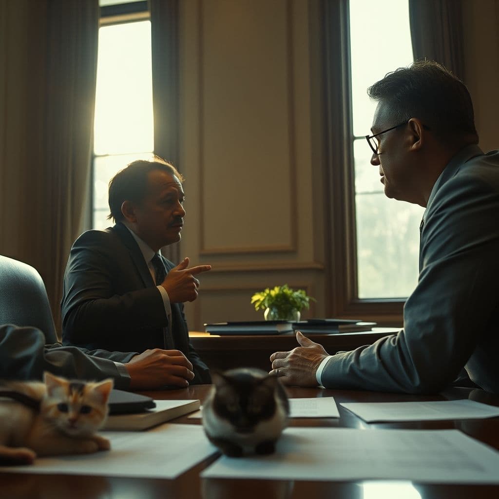 Activista conversando educadamente con concejal sobre gestión de colonias felinas