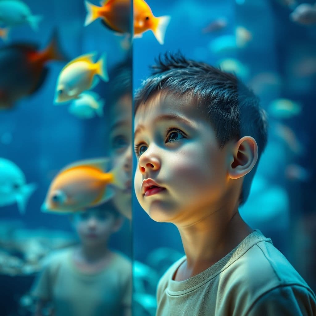Niño observando peces tropicales en un acuario bien mantenido