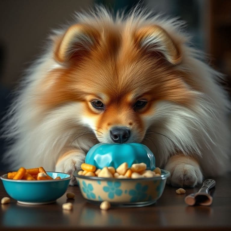 Perro pequeño, como un pomerania, lamiendo cuidadosamente un juguete relleno de comida en una superficie segura