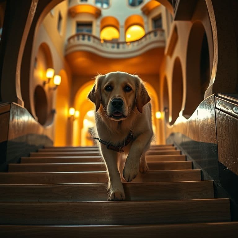 Un perro de edad avanzada utilizando una rampa de madera para subir suavemente a un sofá en una sala de estar bien iluminada.