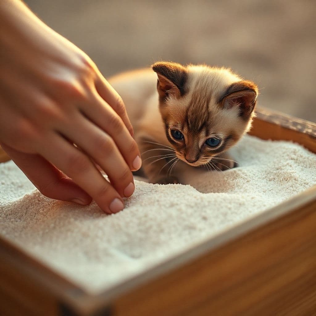 Persona mostrando a gatito cómo rascar la arena del arenero