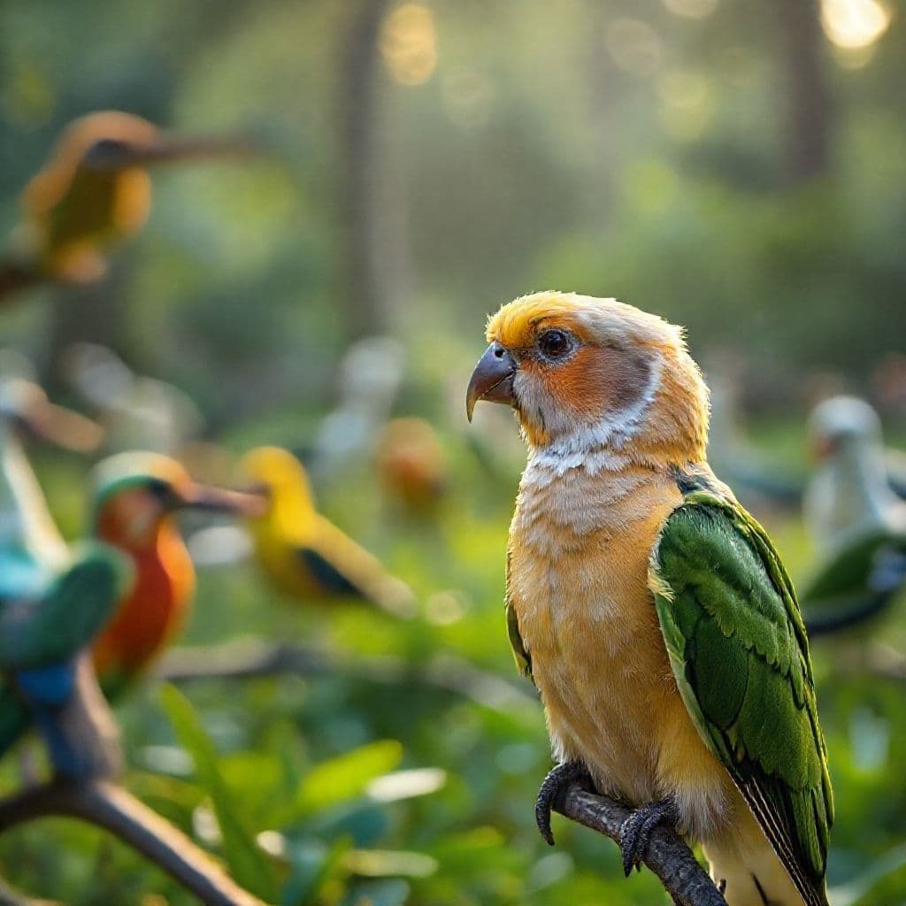 Criador observando canarios en jaula espaciosa con enriquecimiento ambiental