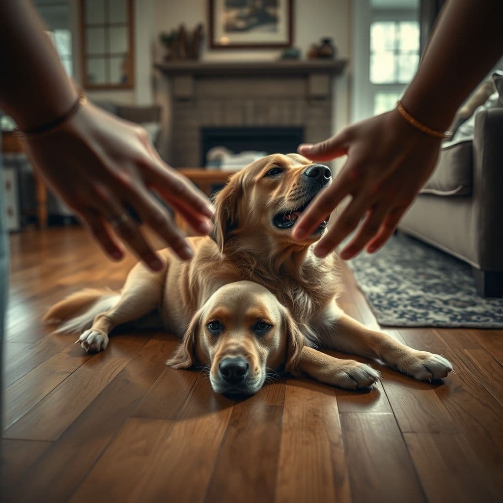 Perro labrador en convulsión con dueño calmado protegiéndolo de objetos peligrosos