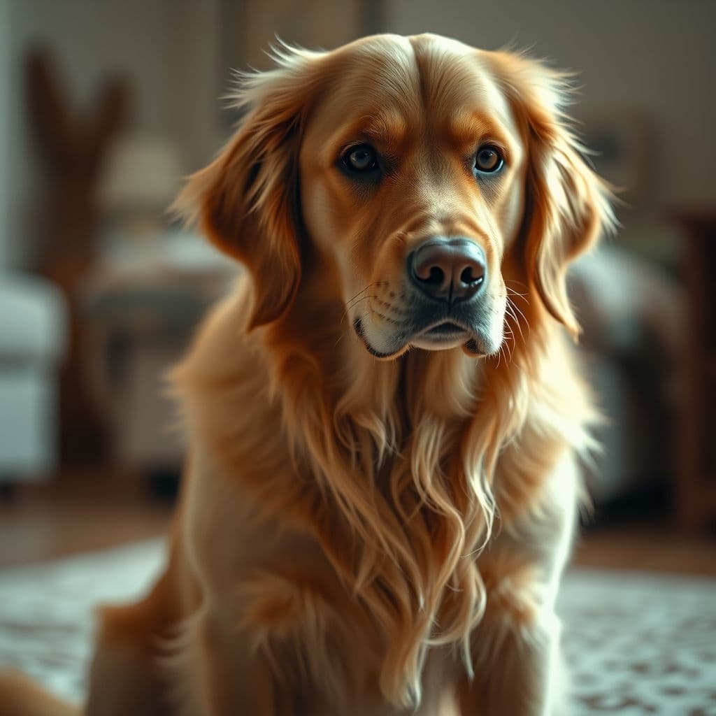 Perra golden retriever con síntomas de embarazo buscando tranquilidad