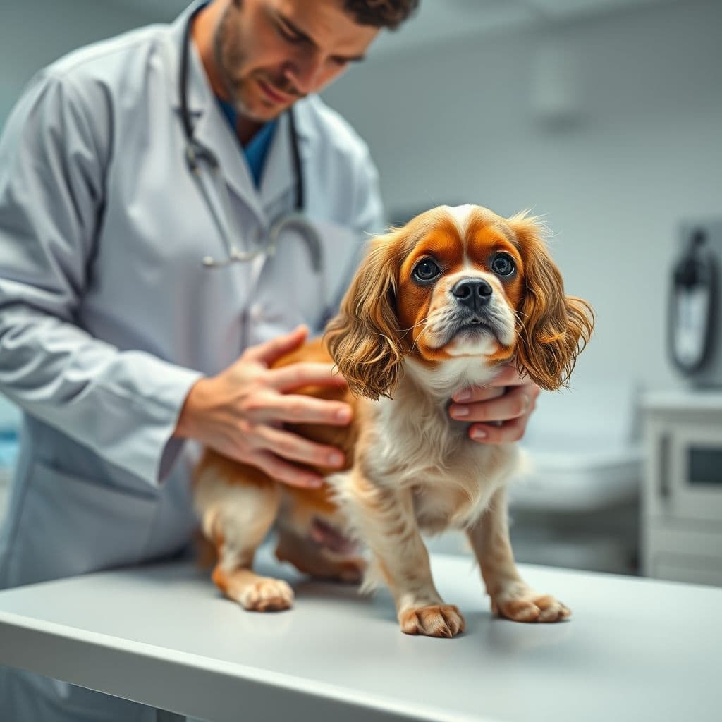 Perro mayor siendo examinado por un veterinario en una clínica