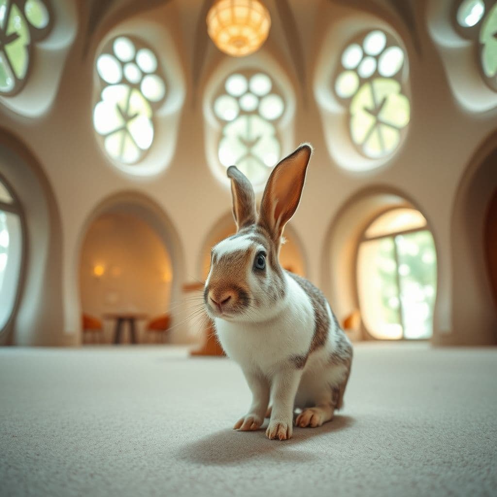 Conejo explorando una habitación segura para mascotas