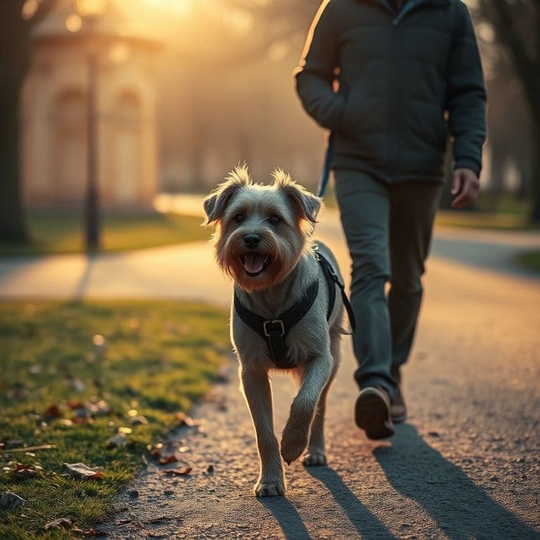 Perro anciano caminando lentamente junto dueño mayor con correa