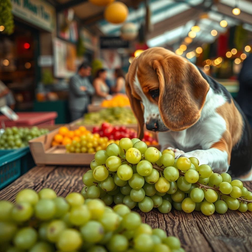 Perro mirando con curiosidad un racimo de uvas sobre una mesa