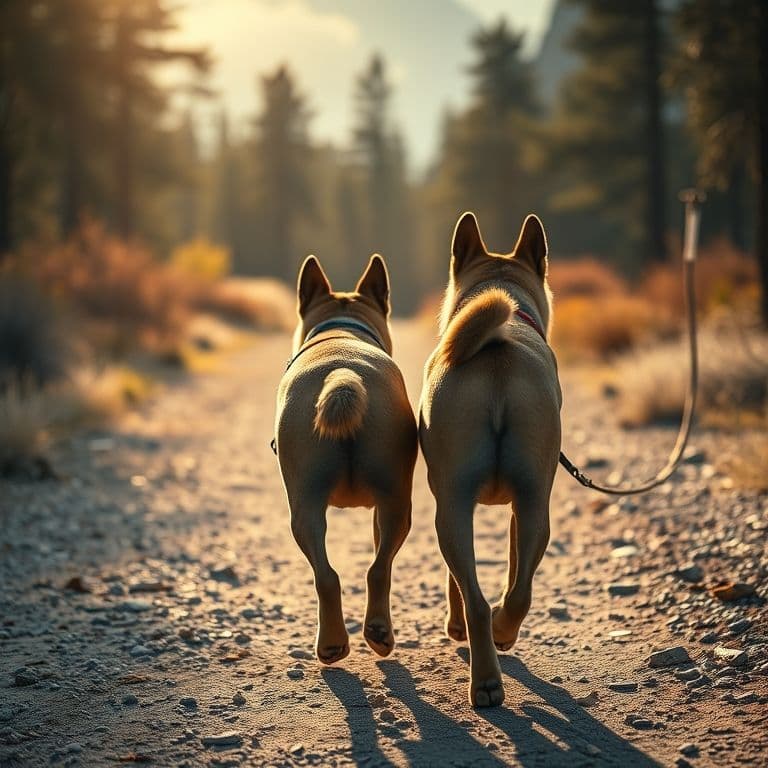 Dos perros caminando juntos en armonía después de una pelea, guiados por su dueño