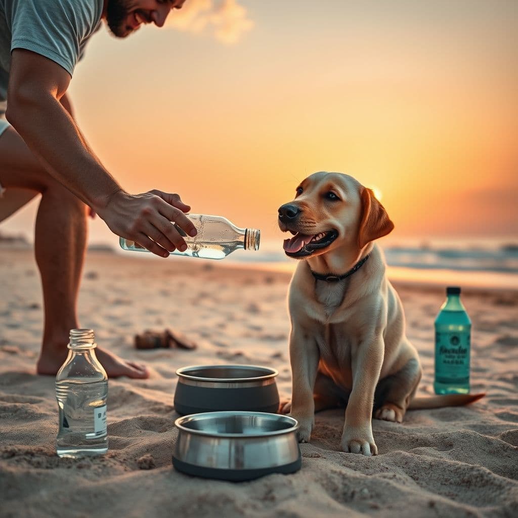 Dueño ofreciendo agua a su perro durante un paseo veraniego