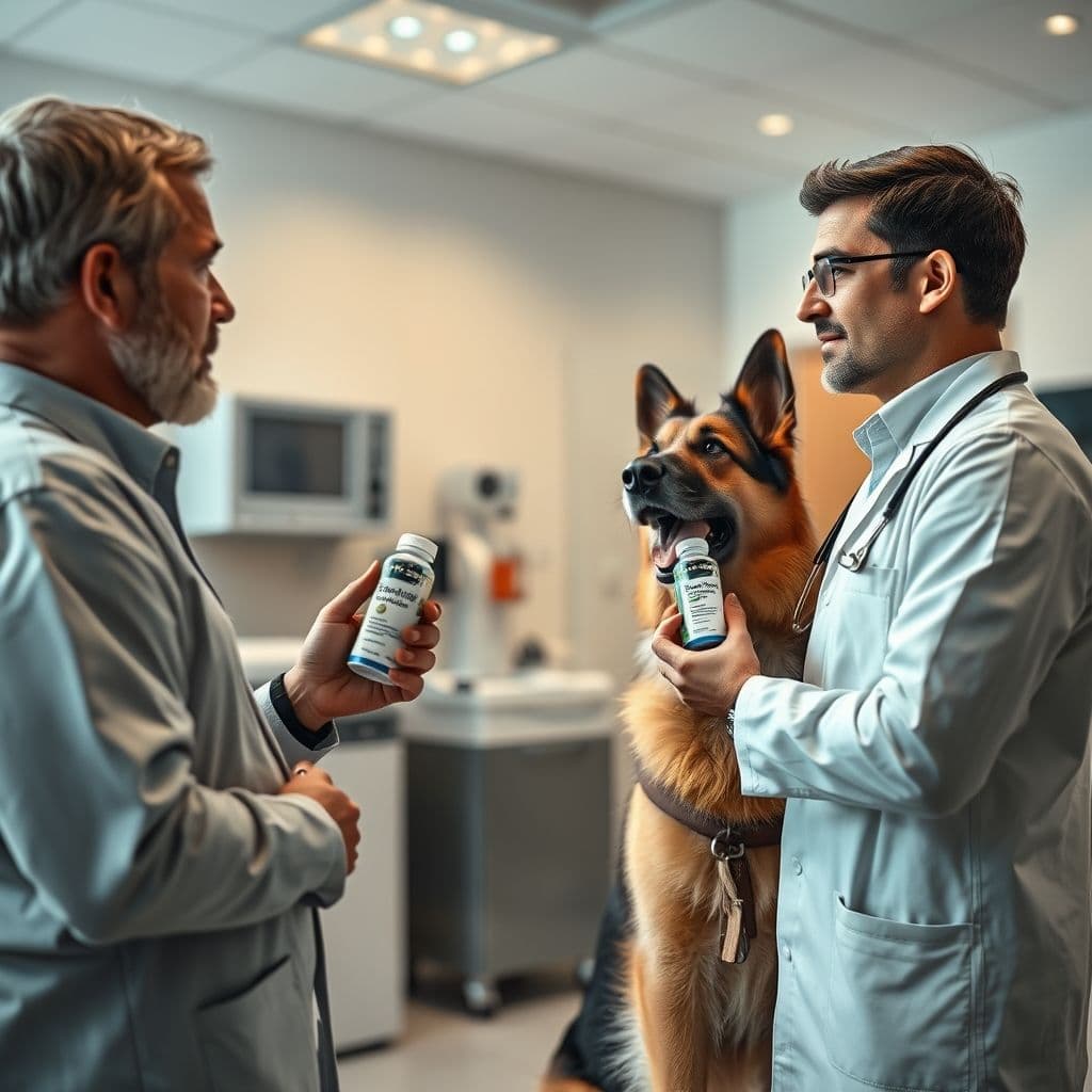 Dueño consultando con veterinario sobre suplementos naturales para su perro