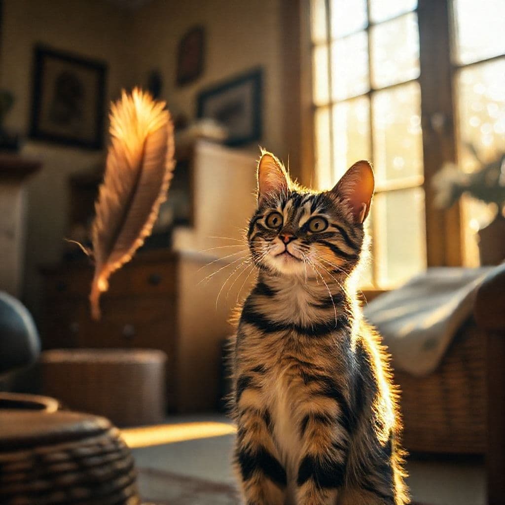 Gato jugando con caña de juguete en lugar de arañar muebles, ambiente hogareño cálido