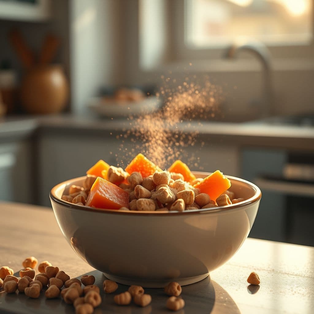 Suplemento Everyday One en polvo mezclándose con comida para perro en comedero