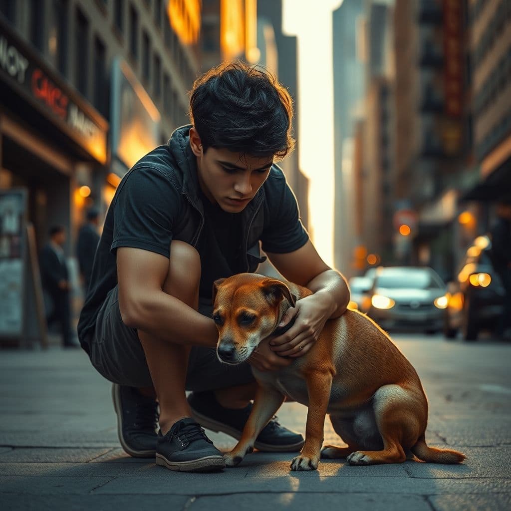 Persona encontrando perro abandonado en la calle con expresión de preocupación