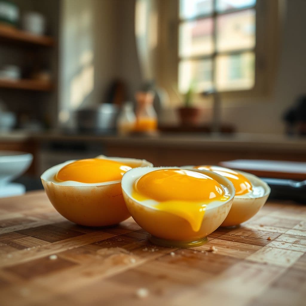 Huevos cocidos cortados mostrando yema y clara para alimentación de perros y gatos