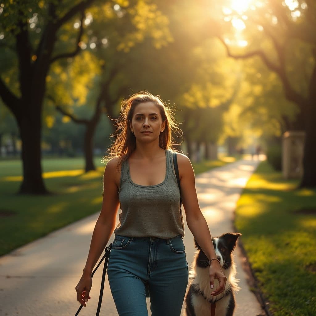 Persona paseando a un perro ciego con correa corta en un parque tranquilo.