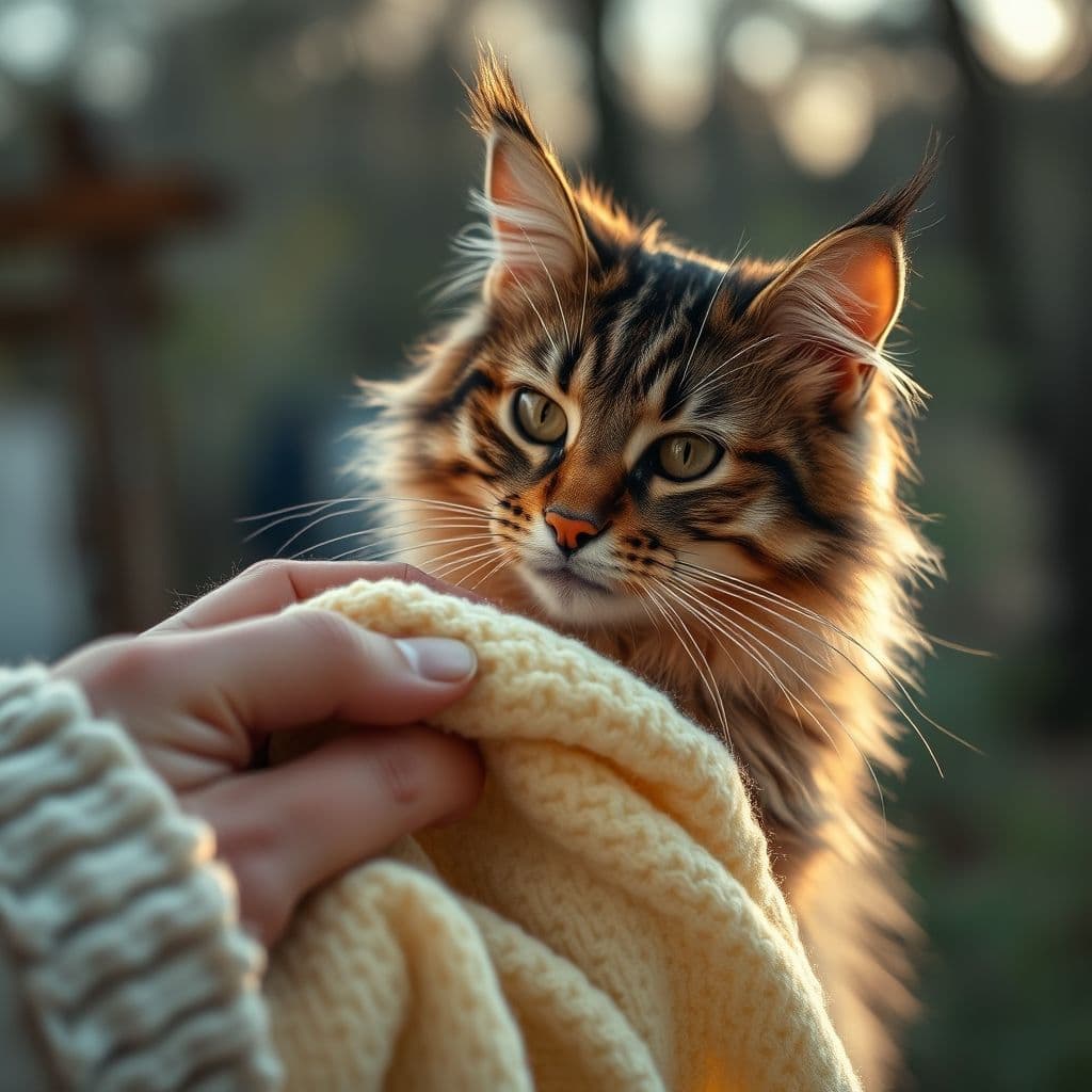 Gato olfateando una mantita del bebé bajo la supervisión de su dueña