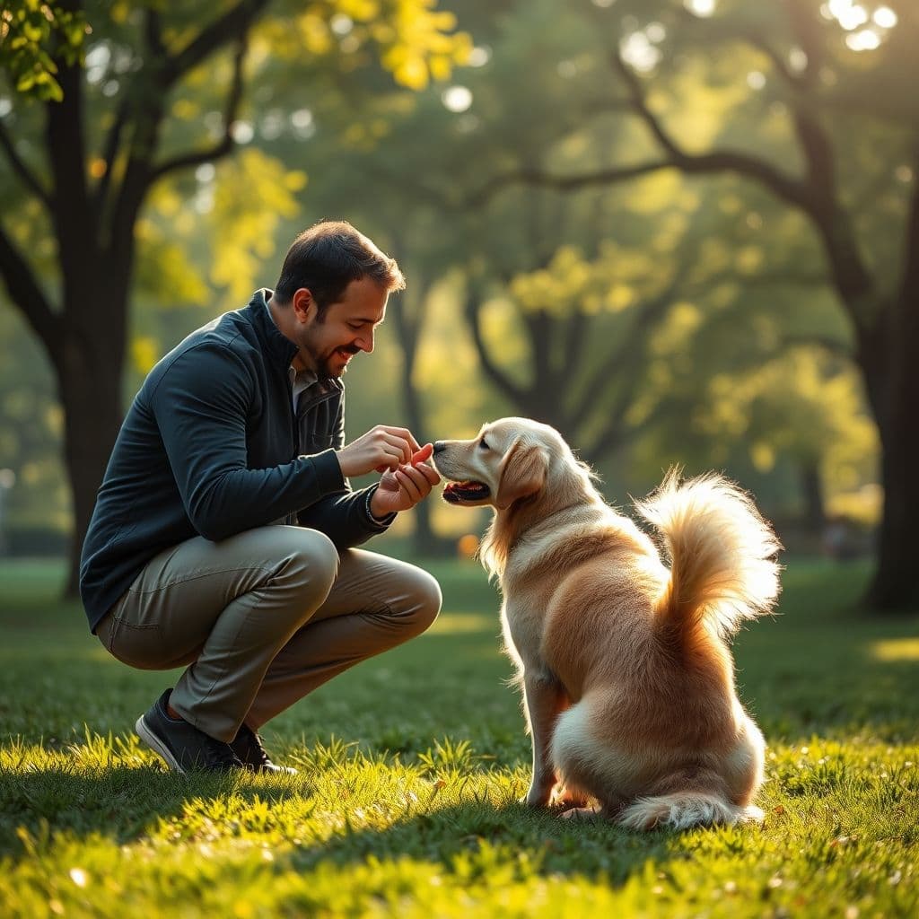 Dueño premiando a su perro en un entorno controlado.