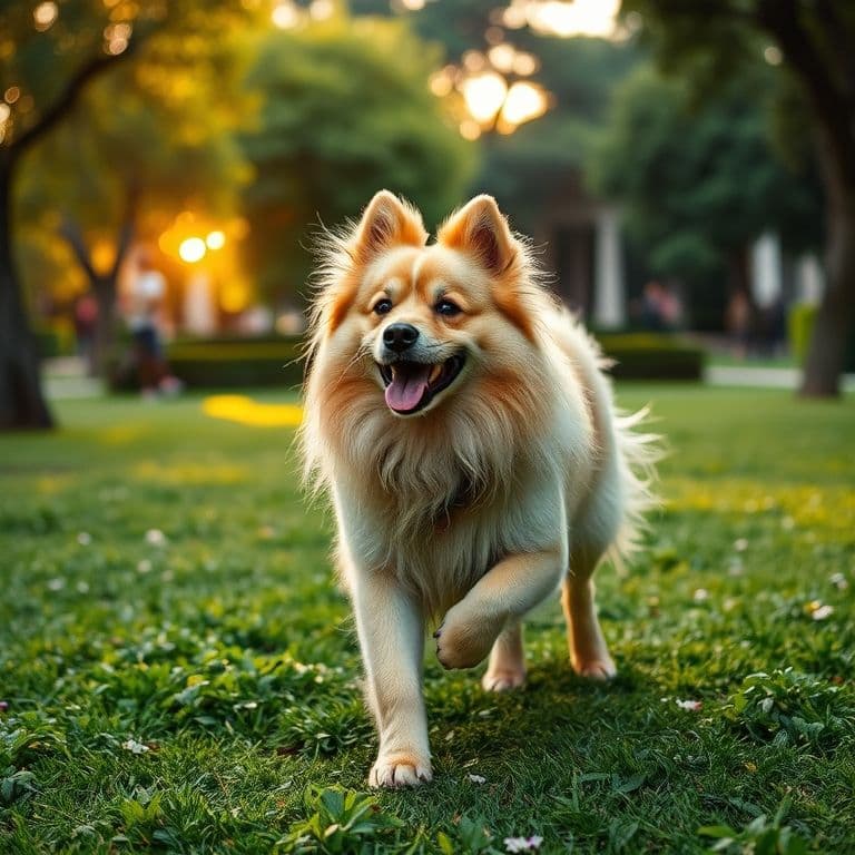 Pomerania adulto con pelaje completo y saludable jugando en un jardín