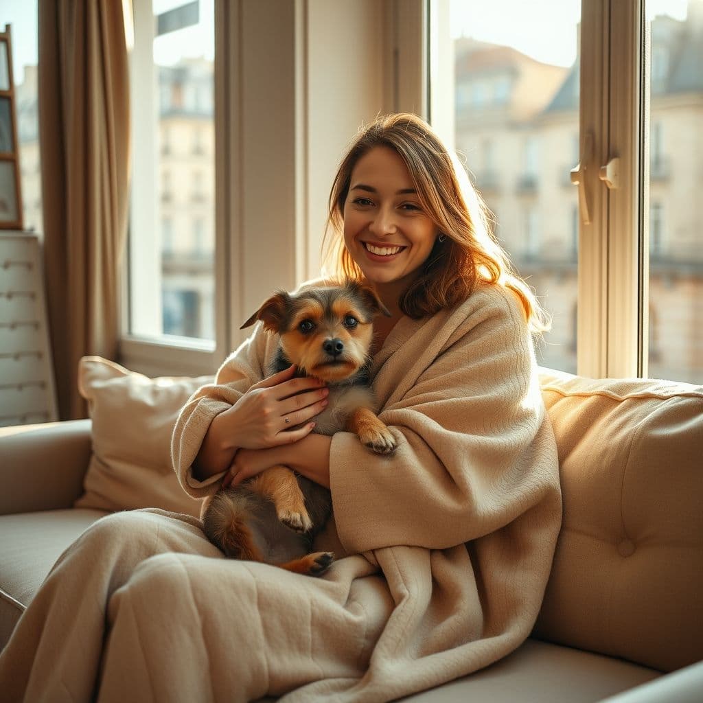 Dueña abrazando a su perro pequeño mientras ambos descansan en el sofá de la sala