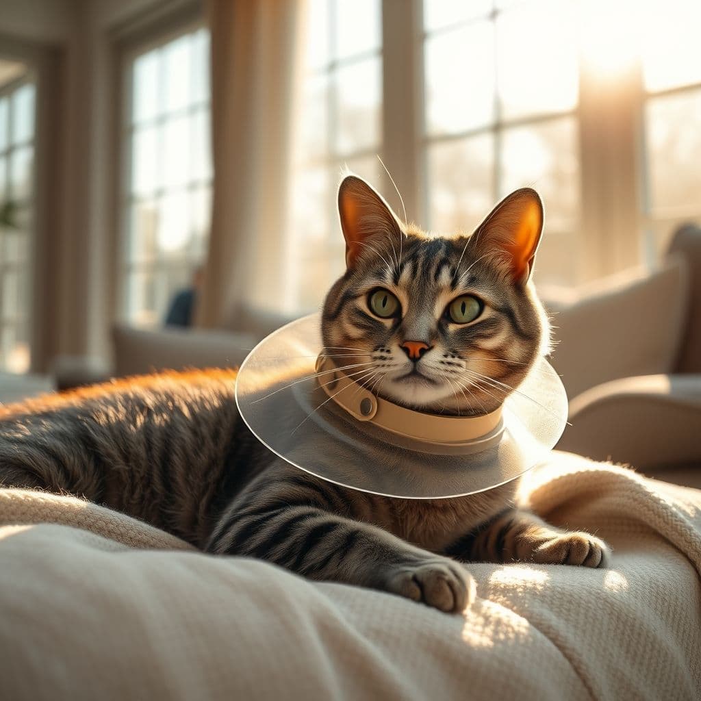 Gata con cono protector después de cirugía OVH