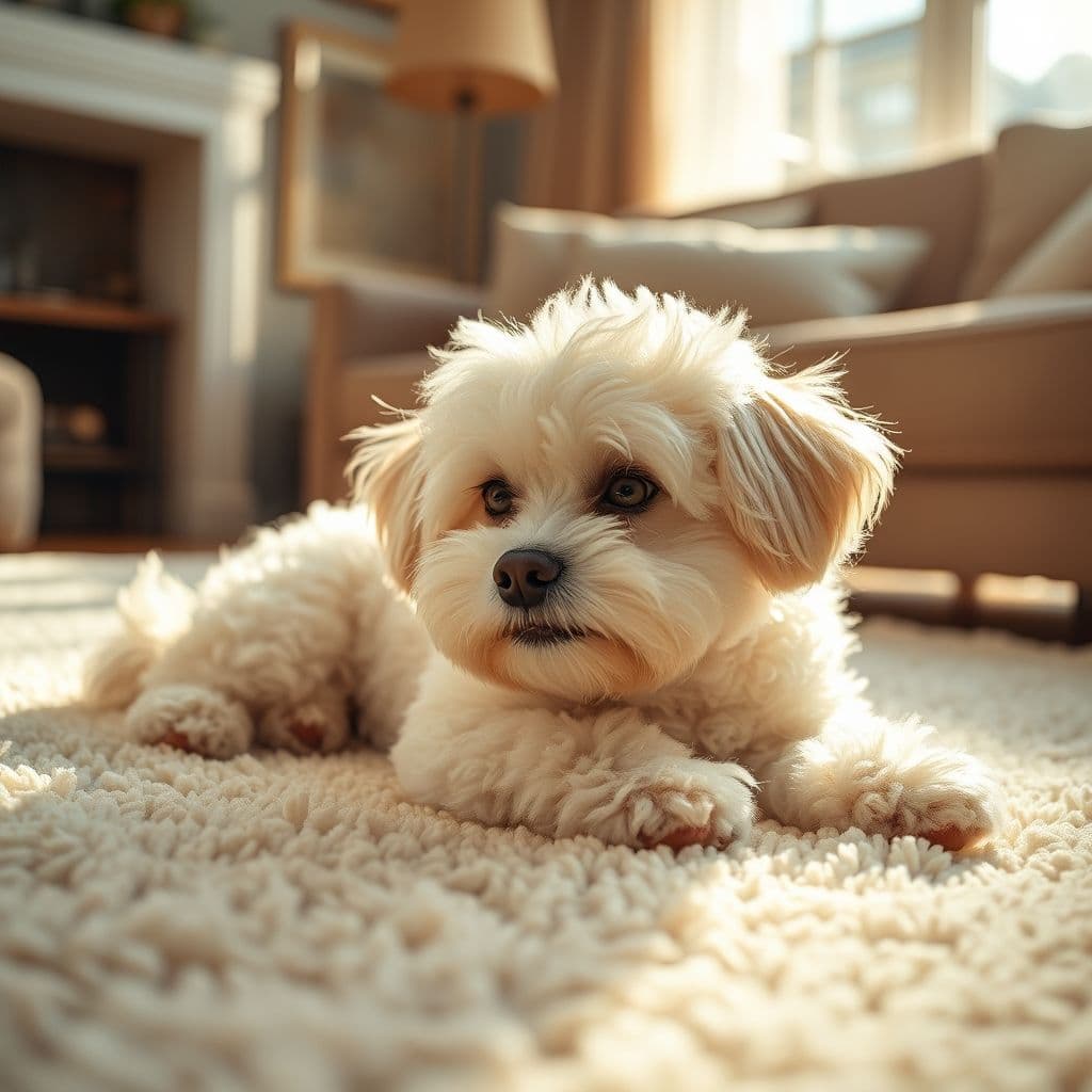 Perro pequeño contento después de una limpieza con toallitas en casa