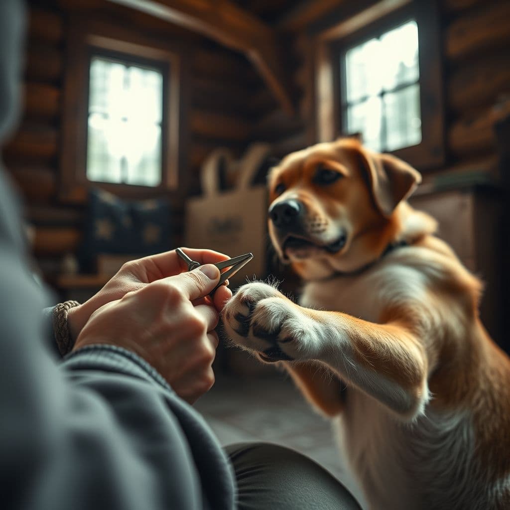 Dueño cortando cuidadosamente las uñas de su perro en un ambiente tranquilo