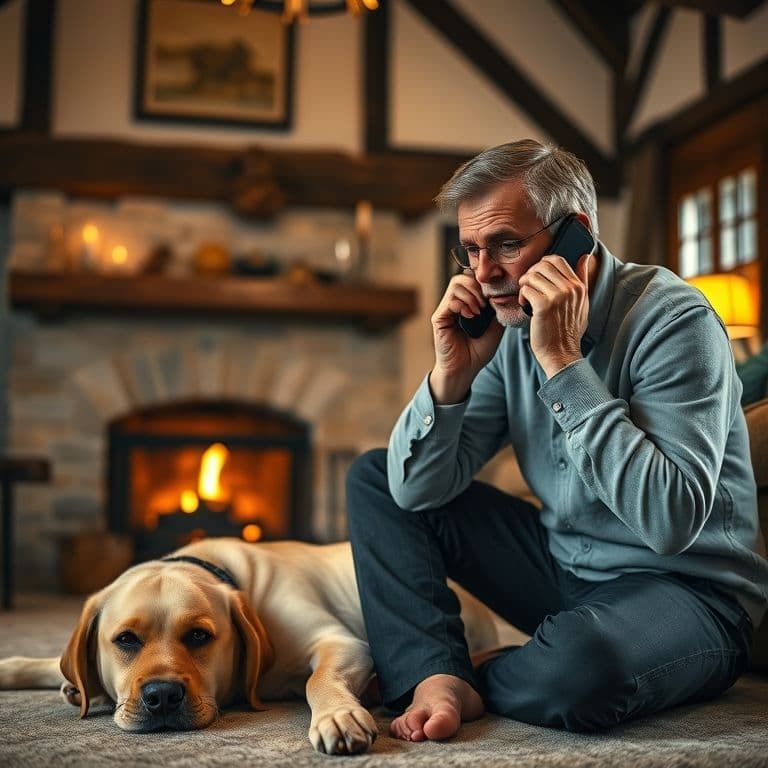 Dueño llamando al veterinario mientras observa a su perro con preocupación