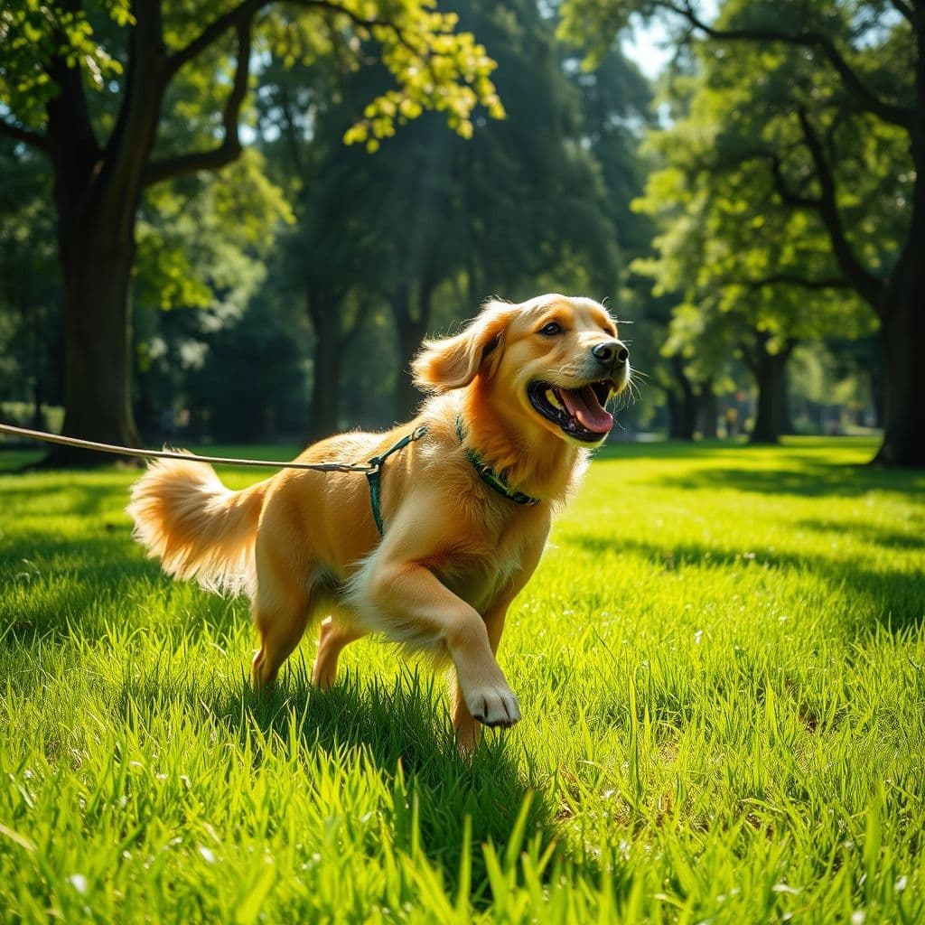 Perro feliz siendo paseado con correa en un parque soleado