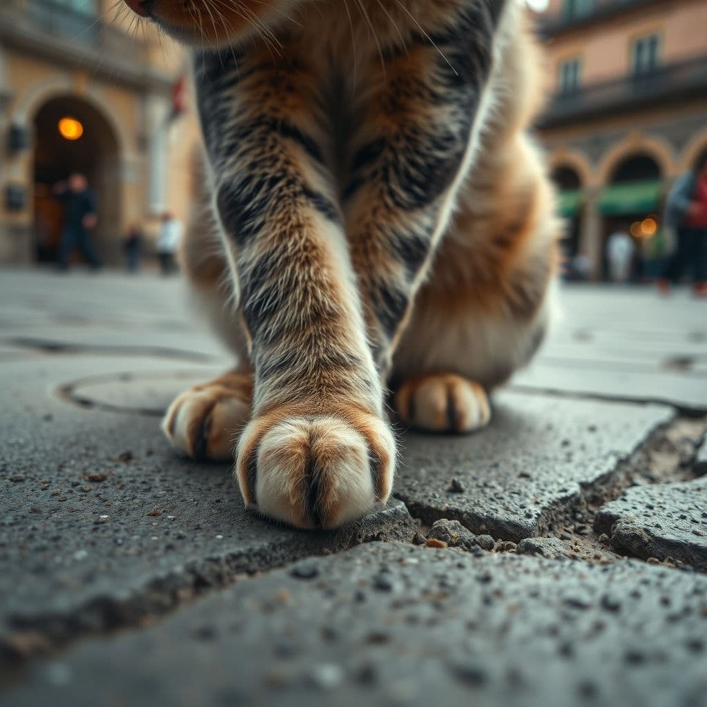 Gatita callejera amasando el suelo con sus patitas mientras espera recibir comida