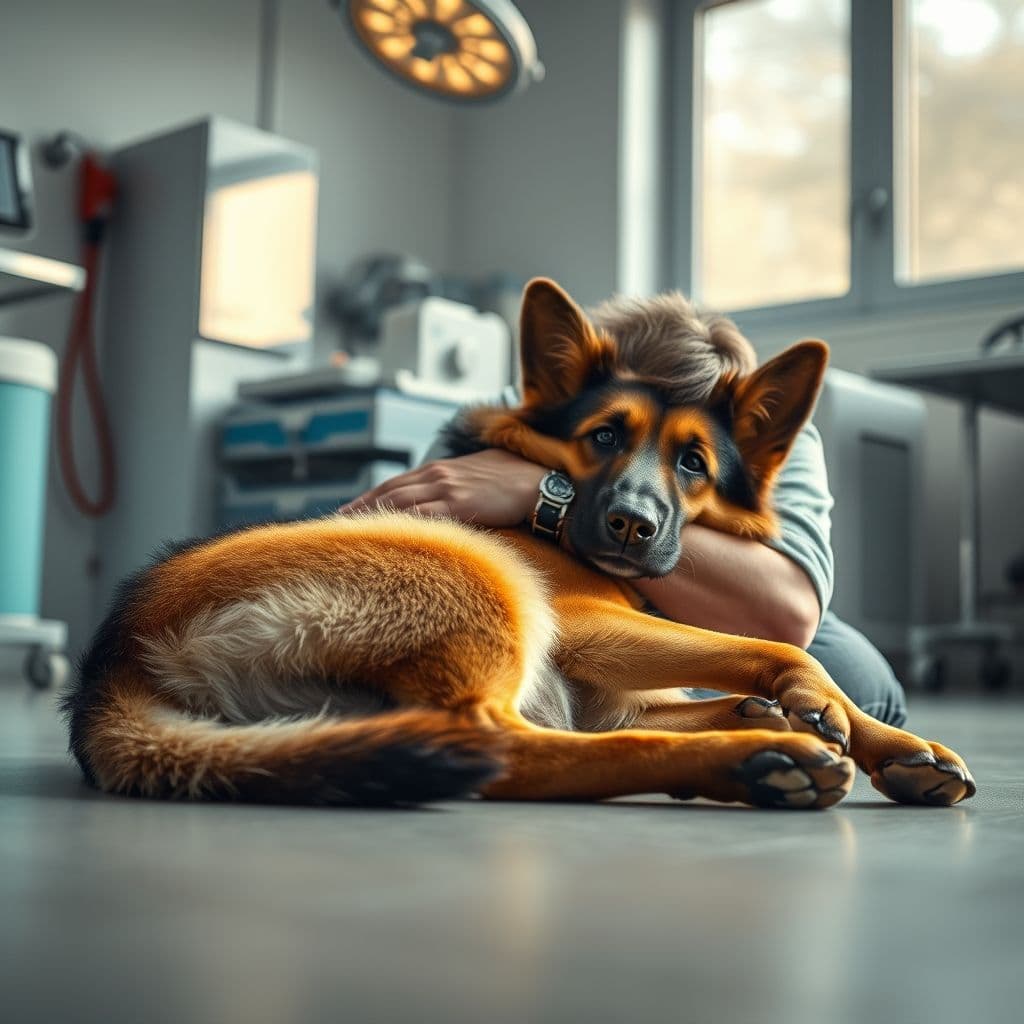 Perro con expresión de dolor por torsión gástrica, con dueño preocupado abrazándolo