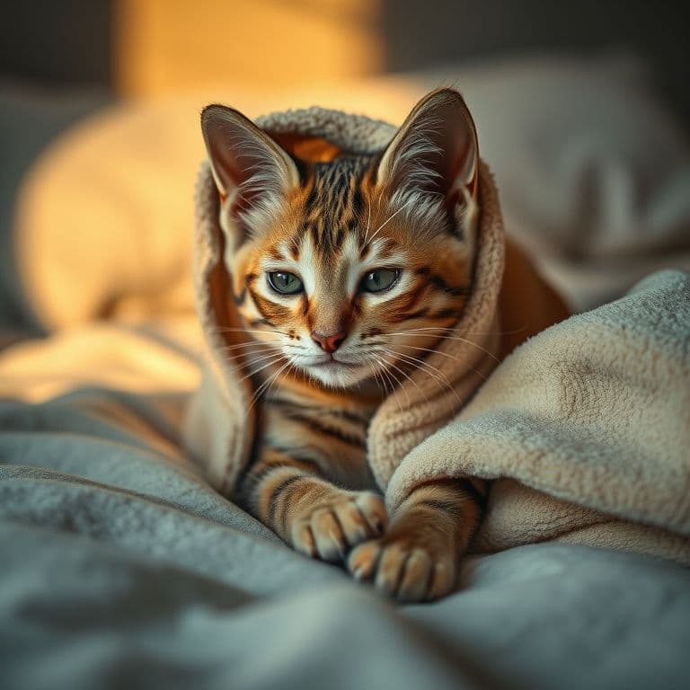 Gatito bebé envuelto como burrito en una toalla suave