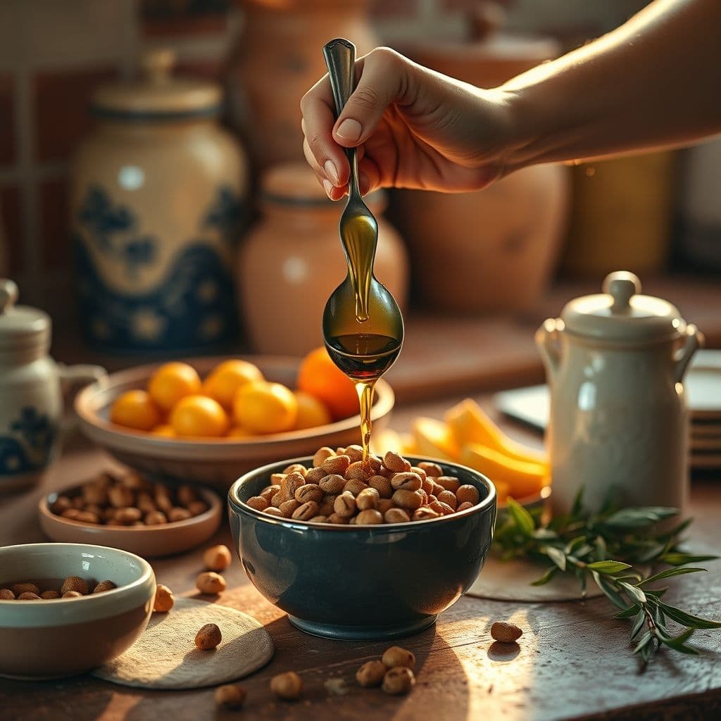 Dueño midiendo aceite de oliva para agregar al plato de comida de su perro